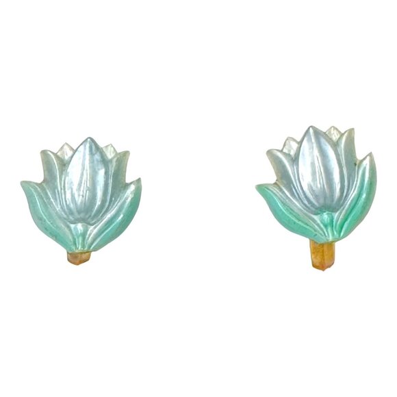 Vintage Floral Clip-On Earrings Pastel Blue Tulip 3d Flower Petite Small Girl - Picture 2 of 7